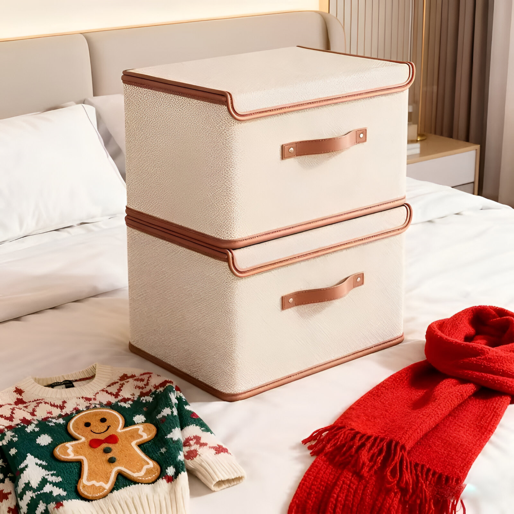 Collapsible Storage Box with Lid and Leather Handles