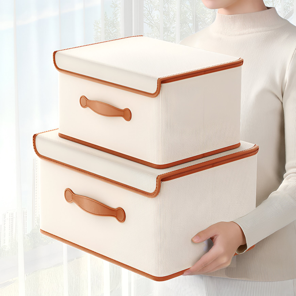 Collapsible Storage Box with Lid and Leather Handles