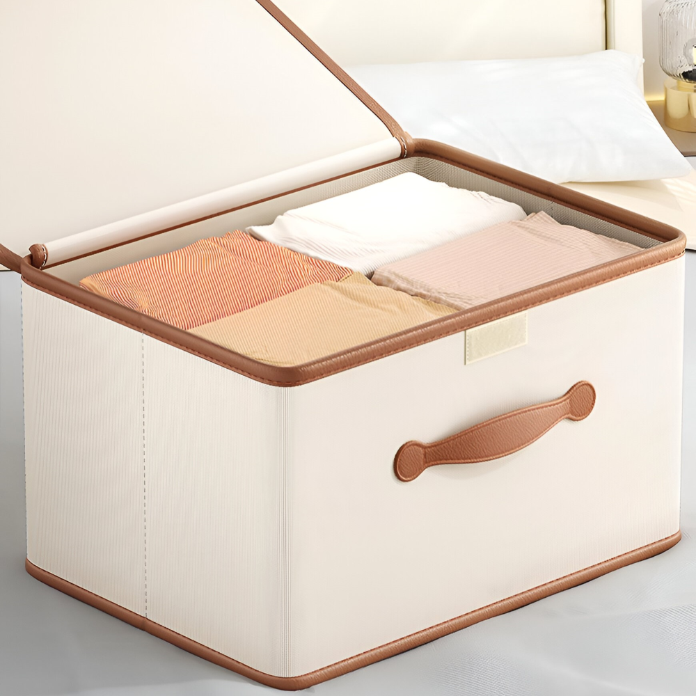 Collapsible Storage Box with Lid and Leather Handles