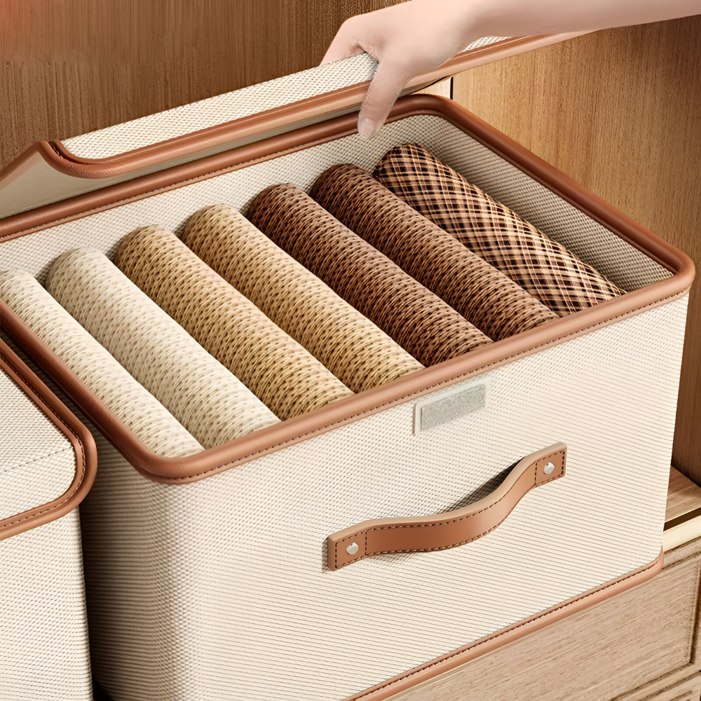 Collapsible Storage Box with Lid and Leather Handles