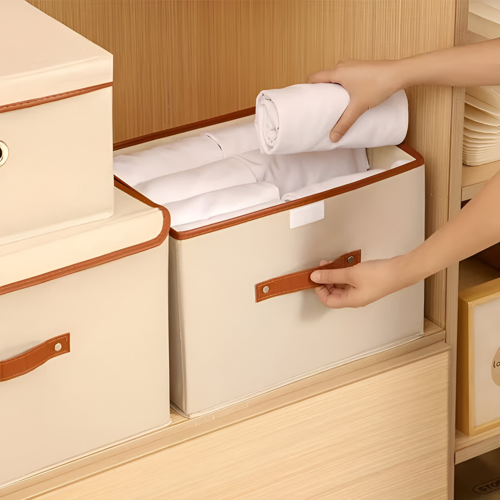 Collapsible Storage Box with Lid and Leather Handles