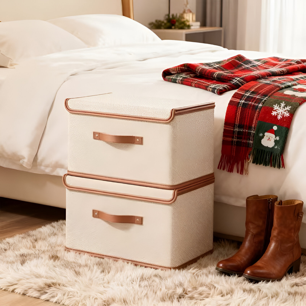 Collapsible Storage Box with Lid and Leather Handles
