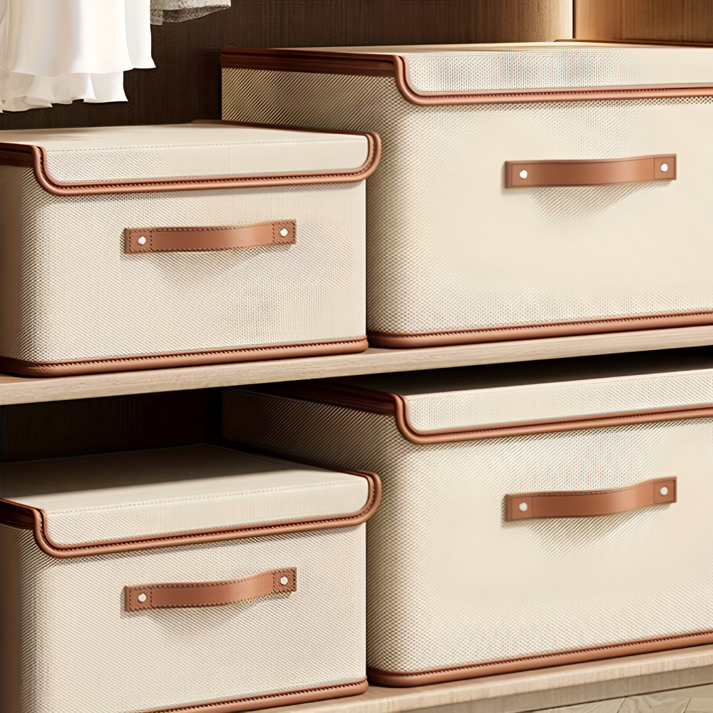 Collapsible Storage Box with Lid and Leather Handles