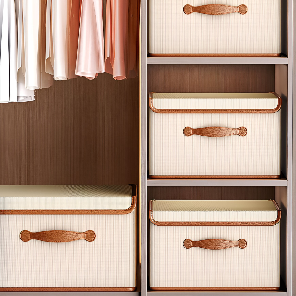 Collapsible Storage Box with Lid and Leather Handles
