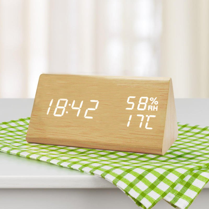 Minimalist Wooden Digital Clock with Temperature Display and Adjustable Light