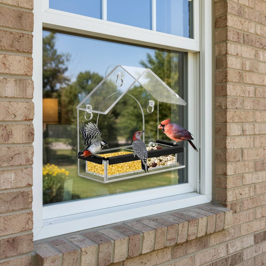 Transparent Acrylic Bird Feeder with Powerful Suction Cups for Close-Up Viewing