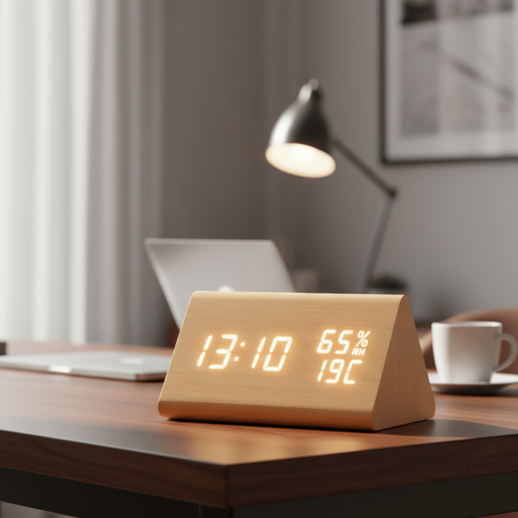 Minimalist Wooden Digital Clock with Temperature Display and Adjustable Light