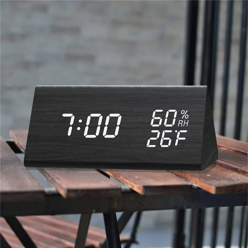 Minimalist Wooden Digital Clock with Temperature Display and Adjustable Light