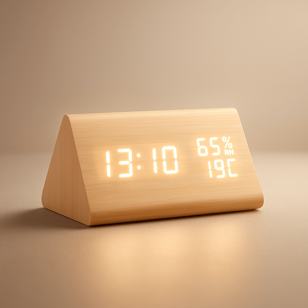 Minimalist Wooden Digital Clock with Temperature Display and Adjustable Light