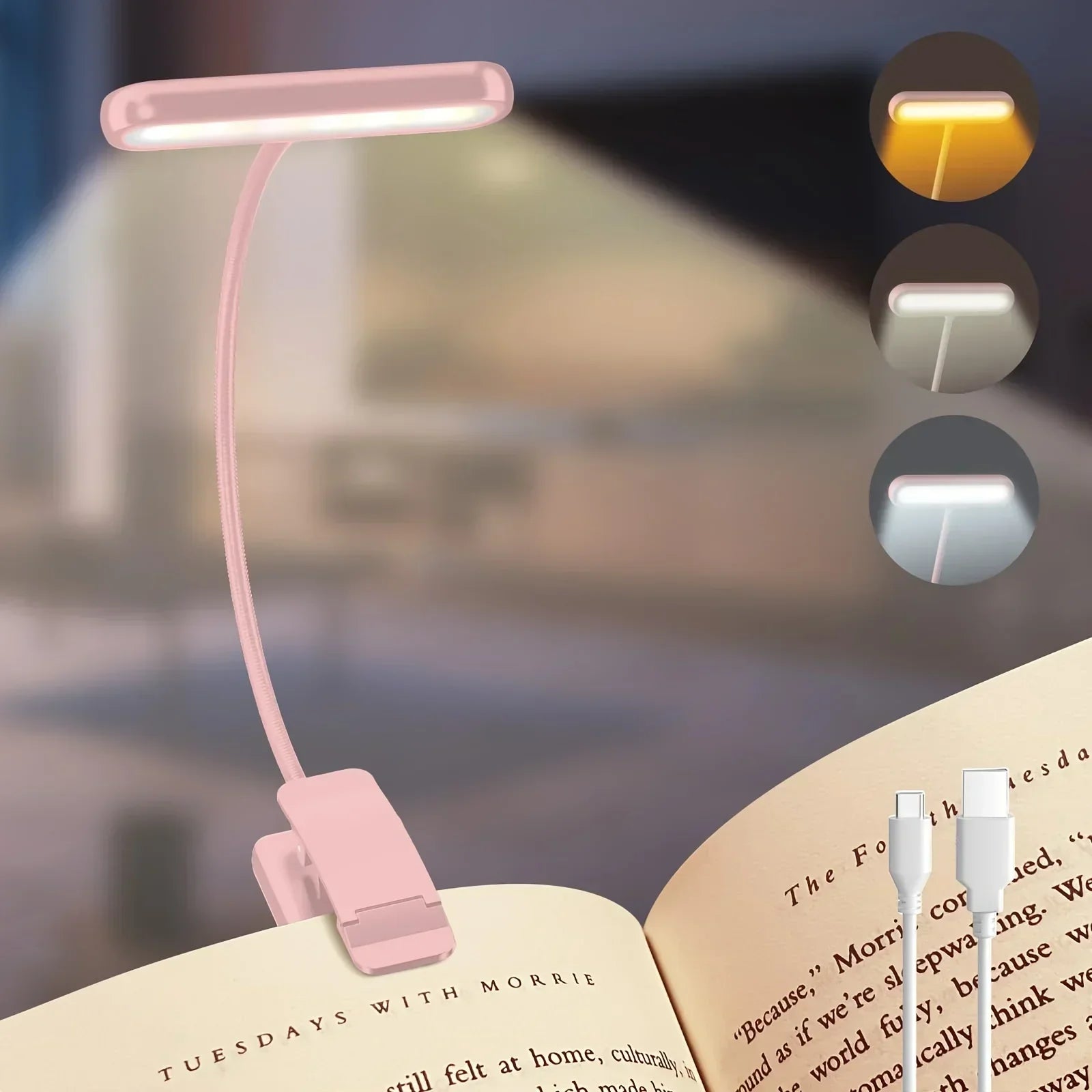 Adjustable Clip-On Reading Lamp | USB Rechargeable with 3 Light Colors & Dimmable Features