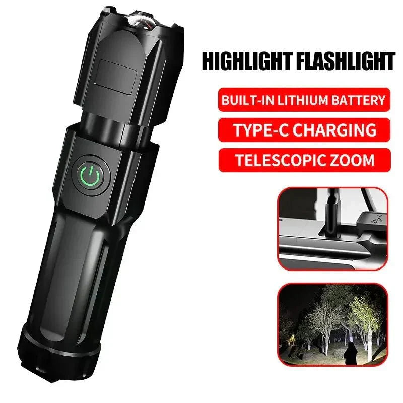 High-Intensity LED Flashlight with 100,000 Lumens, USB Rechargeable & Waterproof Zoom Feature