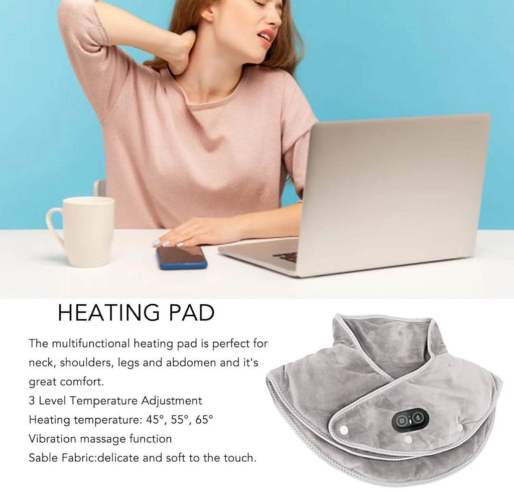 Neck and Shoulder Heat Massager | USB Heating Pad with Vibration | 3 Temperature Settings and Timer | Soft Plush Design