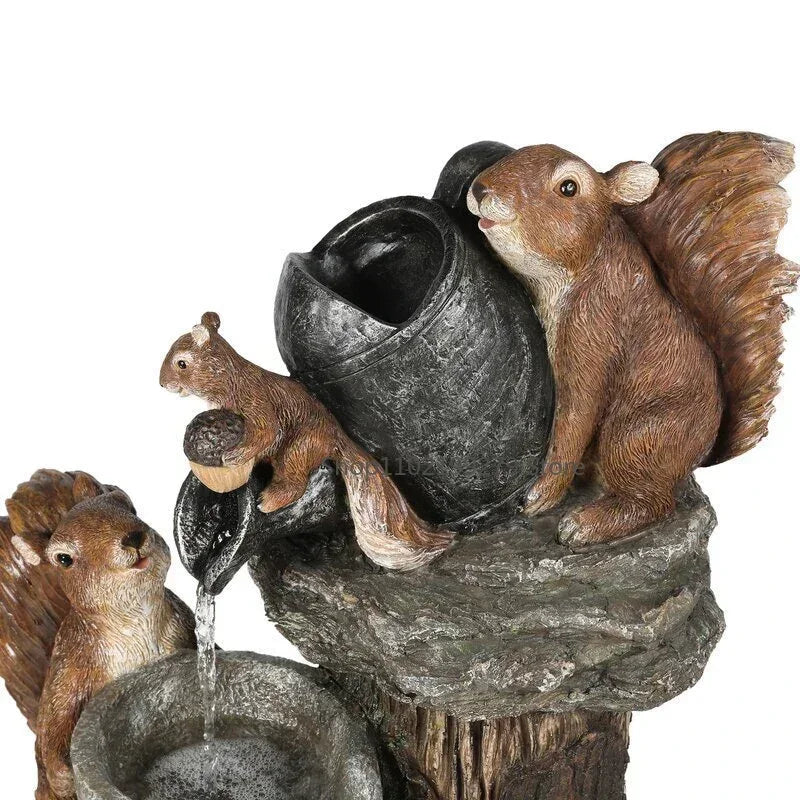 Solar-Powered Decorative Fountain with Duck and Squirrel | Garden Sculpture with LED Light | Weather-Resistant Resin | Perfect for Patio and Balcony