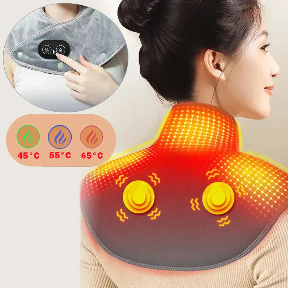 Neck and Shoulder Heat Massager | USB Heating Pad with Vibration | 3 Temperature Settings and Timer | Soft Plush Design