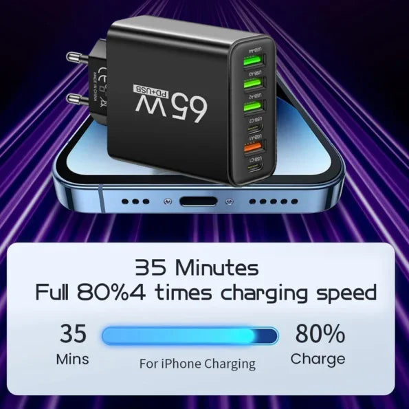 65W 6-in-1 Fast Charger – Simultaneously Charge Up to 6 Devices – Ideal for Home, Office, and Travel