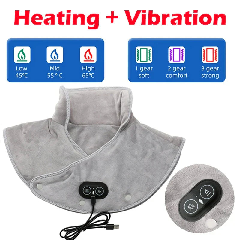 Neck and Shoulder Heat Massager | USB Heating Pad with Vibration | 3 Temperature Settings and Timer | Soft Plush Design