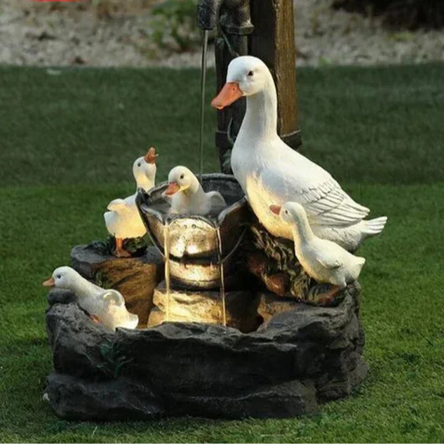 Solar-Powered Decorative Fountain with Duck and Squirrel | Garden Sculpture with LED Light | Weather-Resistant Resin | Perfect for Patio and Balcony