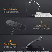 Adjustable Clip-On Reading Lamp | USB Rechargeable with 3 Light Colors & Dimmable Features