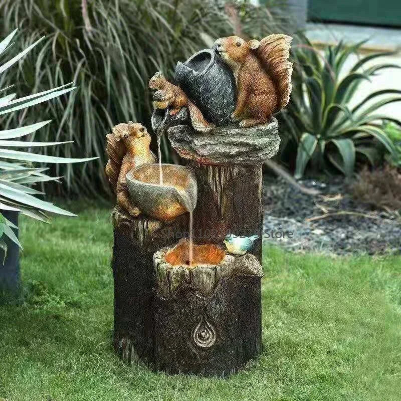 Solar-Powered Decorative Fountain with Duck and Squirrel | Garden Sculpture with LED Light | Weather-Resistant Resin | Perfect for Patio and Balcony