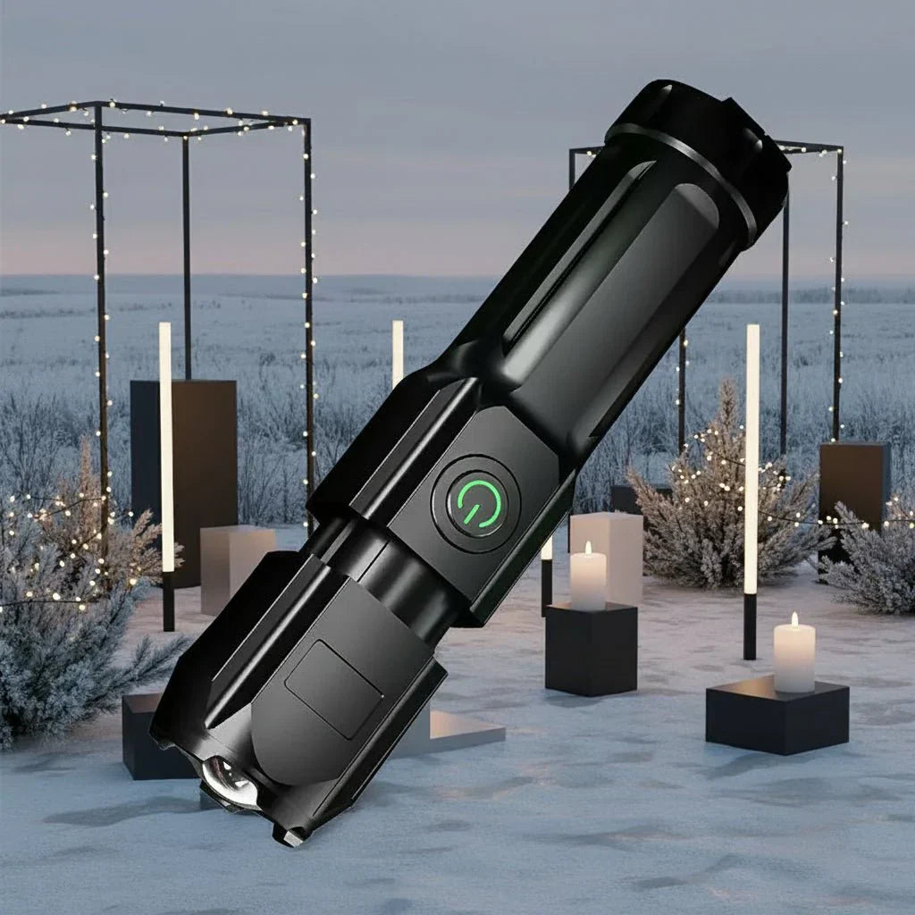High-Intensity LED Flashlight with 100,000 Lumens, USB Rechargeable & Waterproof Zoom Feature