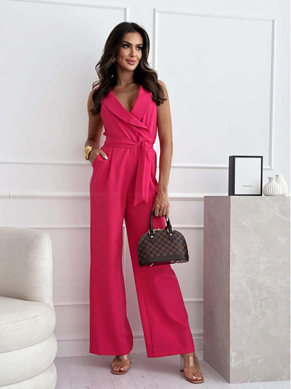 Women's Sleeveless Notched Collar Wide Leg Jumpsuit | with Tie Belt