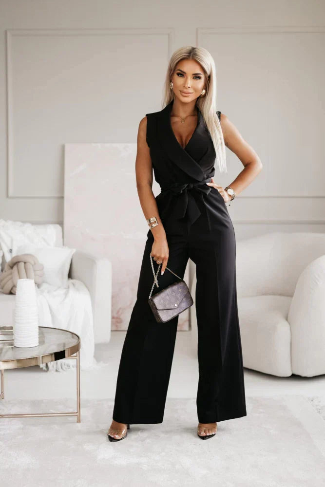 Women's Sleeveless Notched Collar Wide Leg Jumpsuit | with Tie Belt