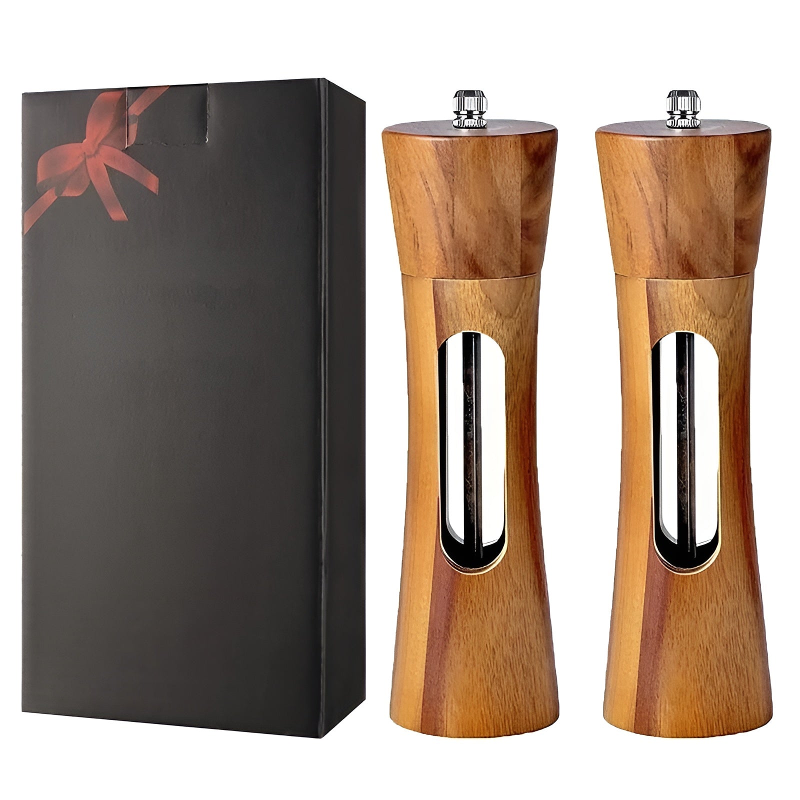 Pair of Wooden Salt and Pepper Grinders with Acrylic Viewing Window