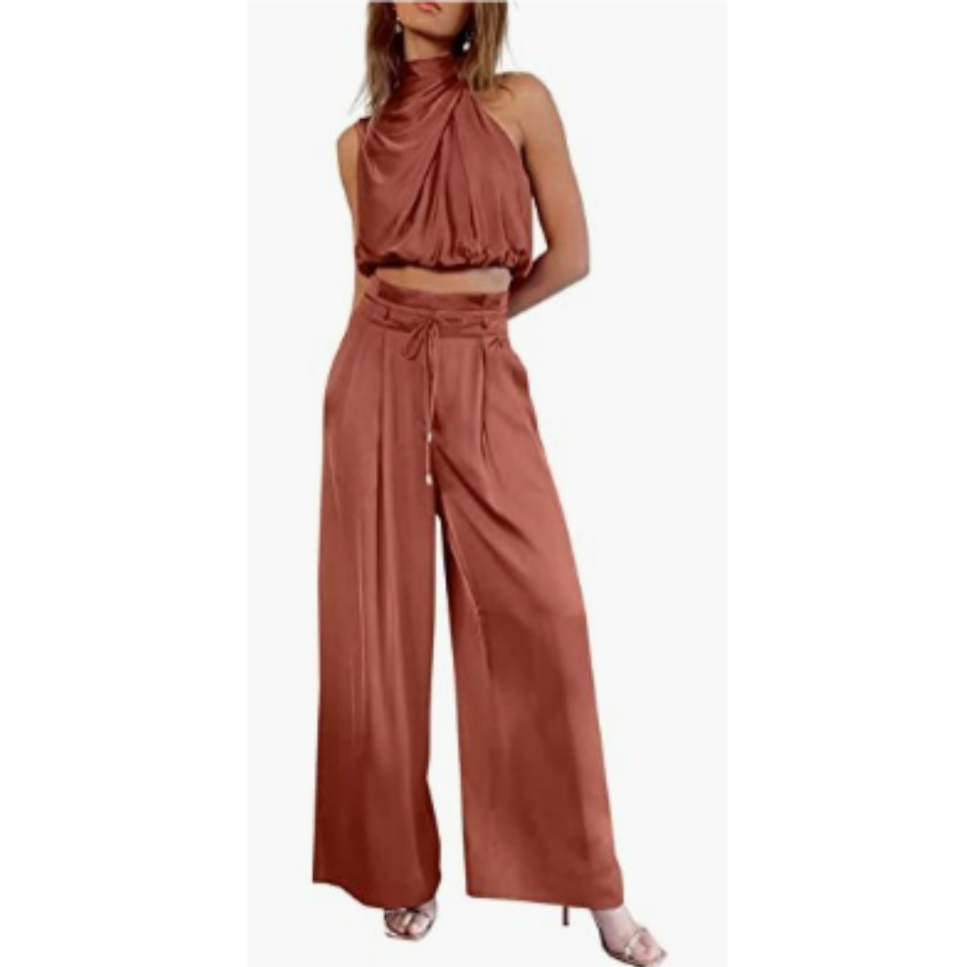 Women’s Halter Crop Top and Wide Leg Pants | Two-Piece Set