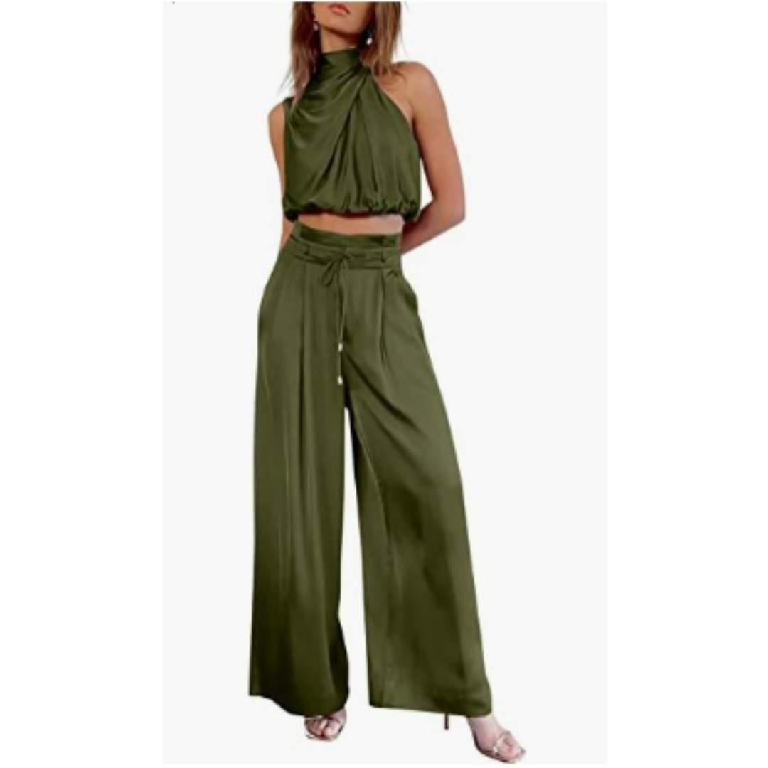 Women’s Halter Crop Top and Wide Leg Pants | Two-Piece Set