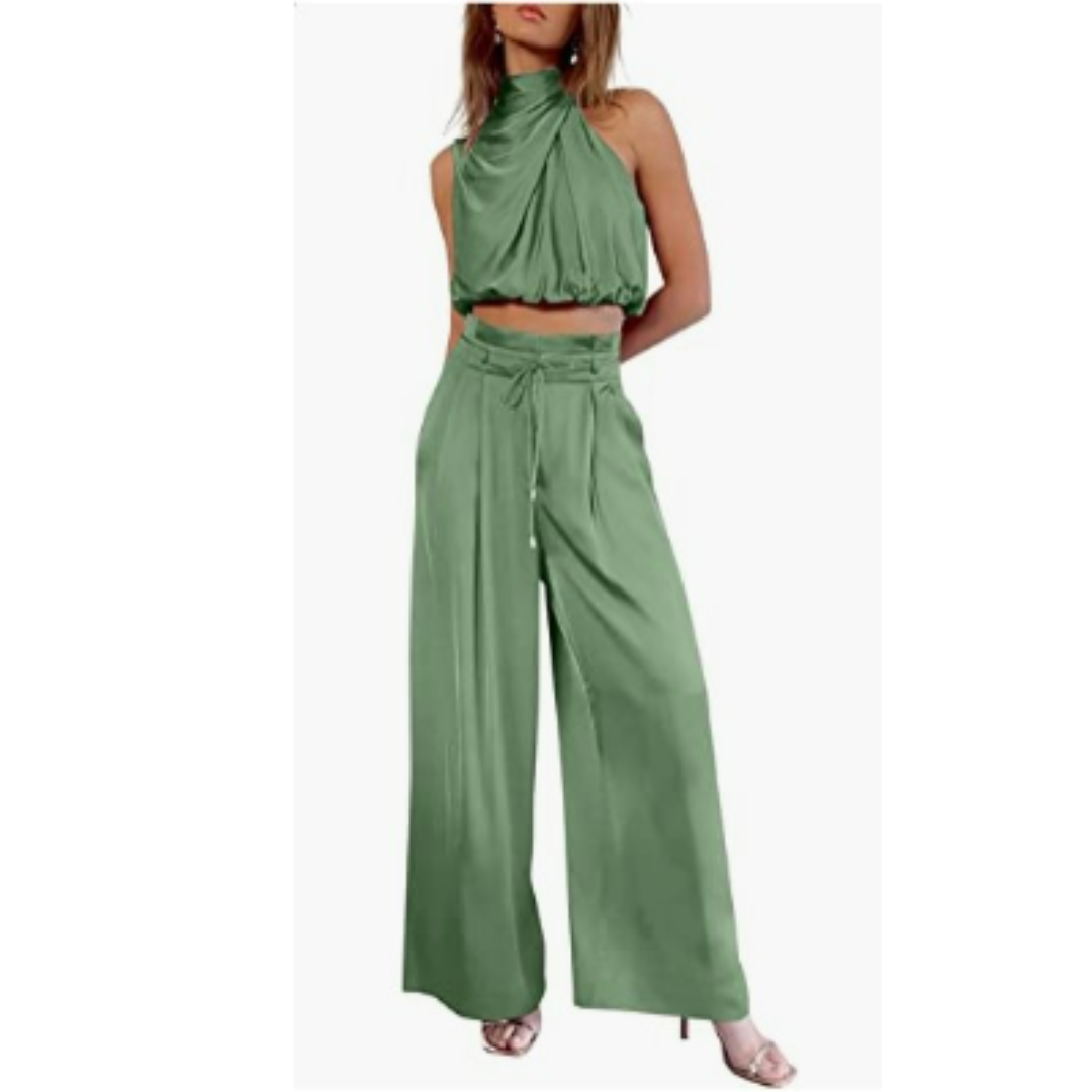 Women’s Halter Crop Top and Wide Leg Pants | Two-Piece Set