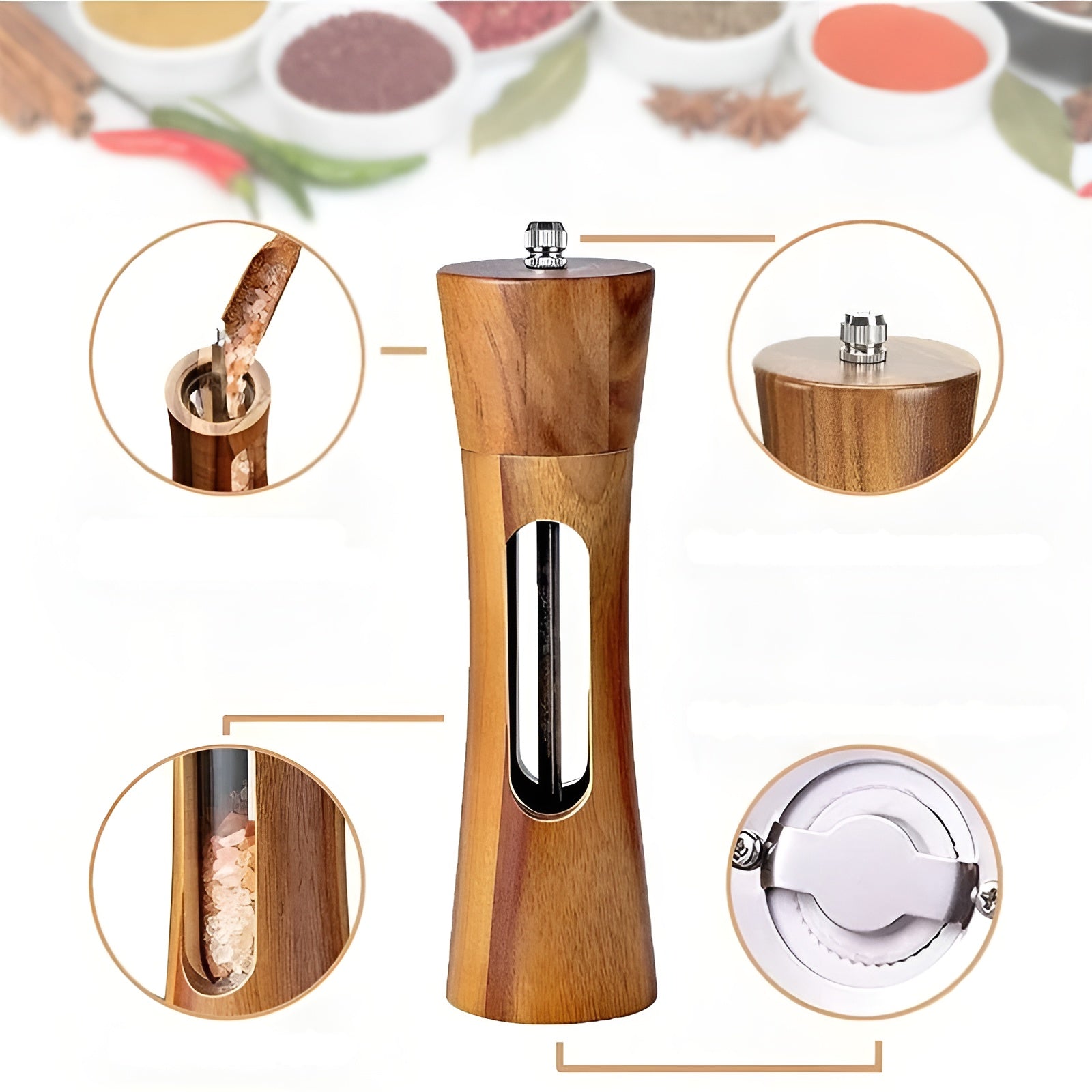 Pair of Wooden Salt and Pepper Grinders with Acrylic Viewing Window
