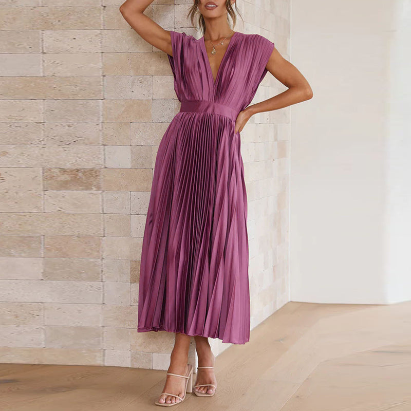 Women's Pleated V-Neck Wedding Guest Dress | Midi