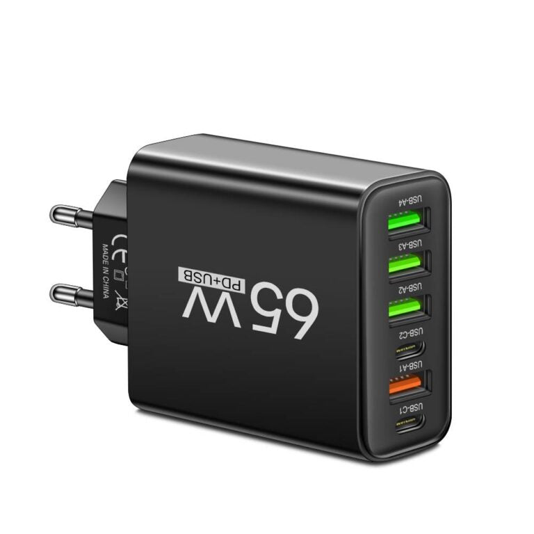 65W 6-in-1 Fast Charger – Simultaneously Charge Up to 6 Devices – Ideal for Home, Office, and Travel
