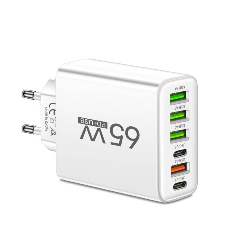 65W 6-in-1 Fast Charger – Simultaneously Charge Up to 6 Devices – Ideal for Home, Office, and Travel