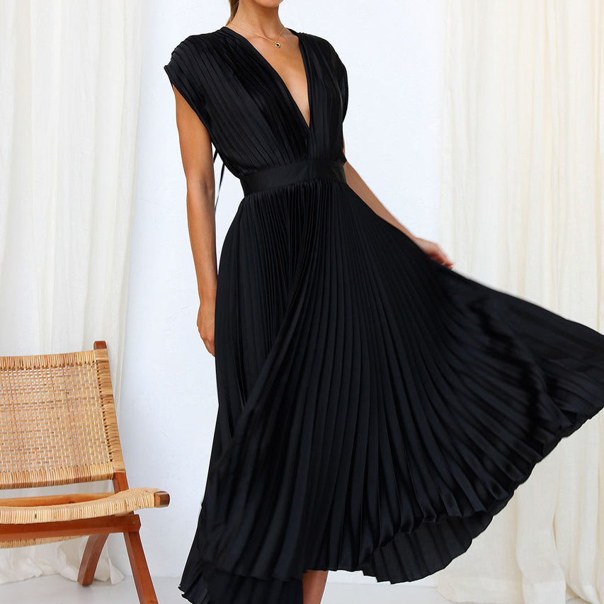 Ladies V-Neck Pleated Evening Dress | Maxi