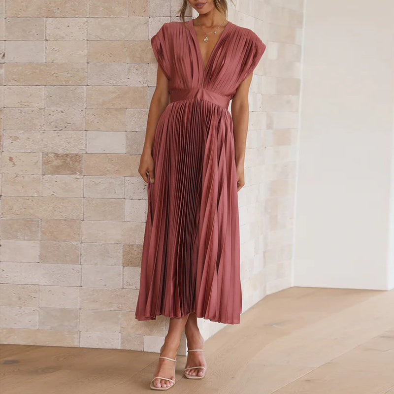 Ladies V-Neck Pleated Evening Dress | Maxi