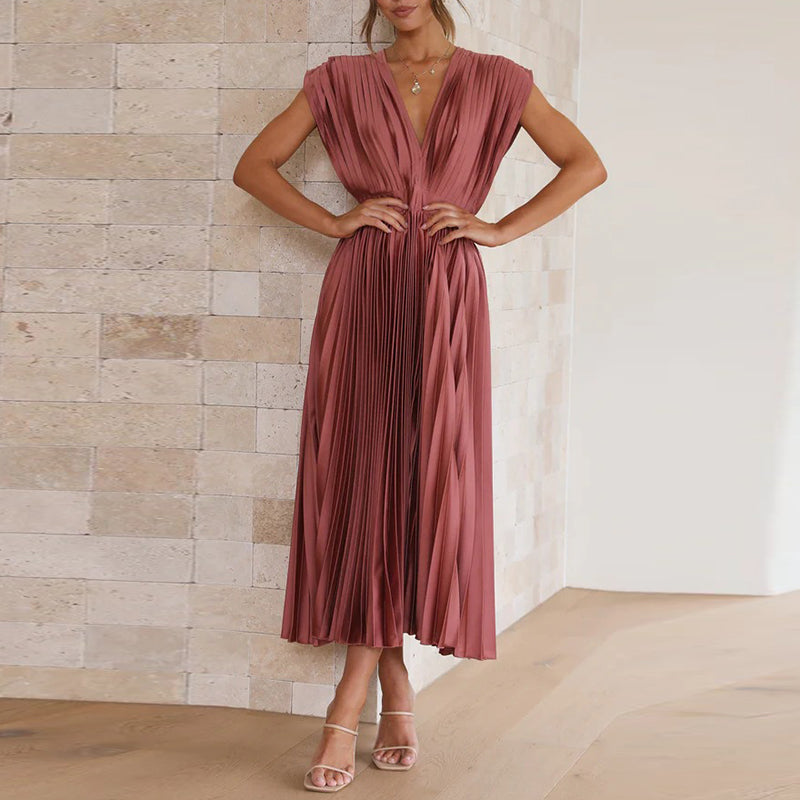 Ladies V-Neck Pleated Evening Dress | Maxi