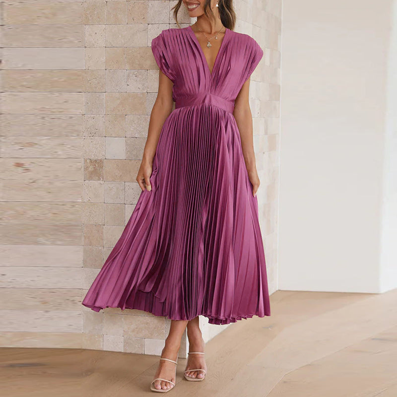 Ladies V-Neck Pleated Evening Dress | Maxi