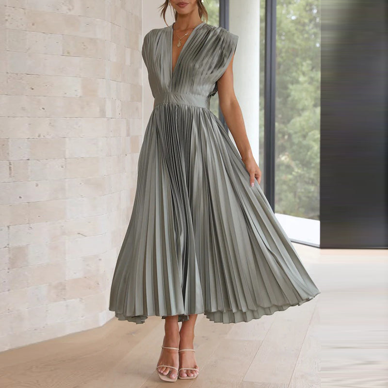Ladies V-Neck Pleated Evening Dress | Maxi