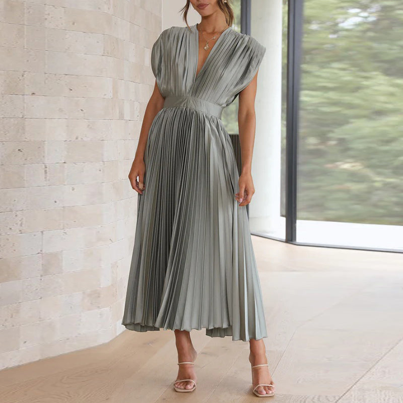 Ladies V-Neck Pleated Evening Dress | Maxi