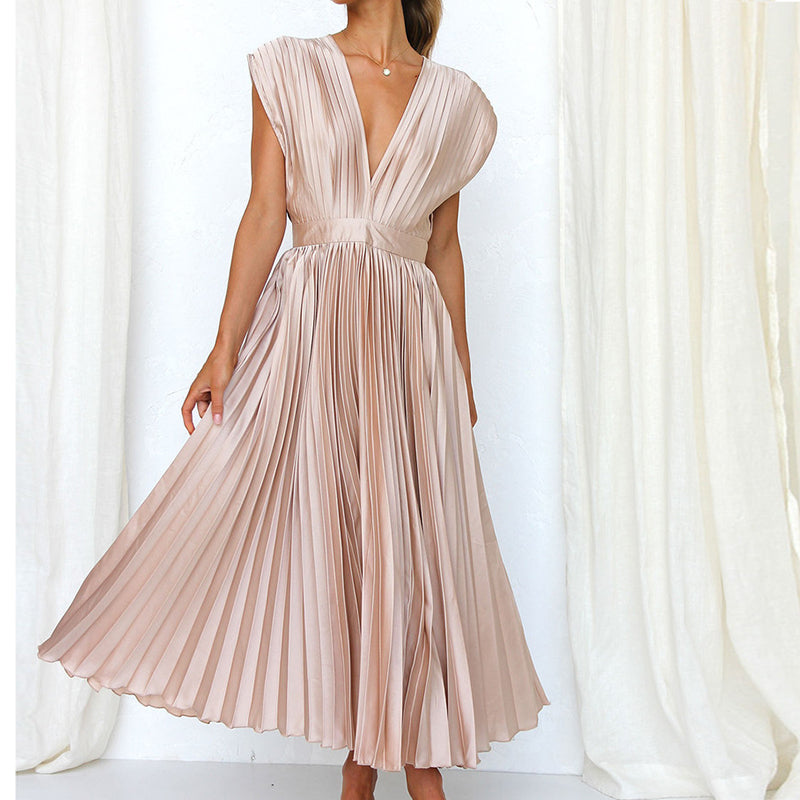 Ladies V-Neck Pleated Evening Dress | Maxi