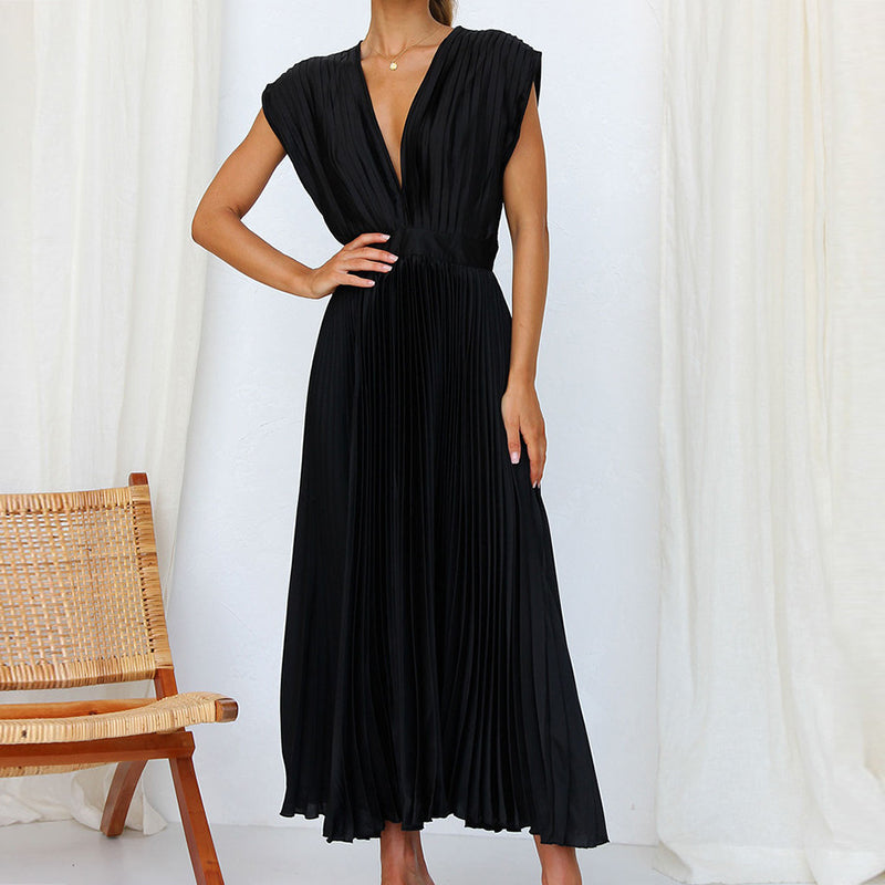 Ladies V-Neck Pleated Evening Dress | Maxi