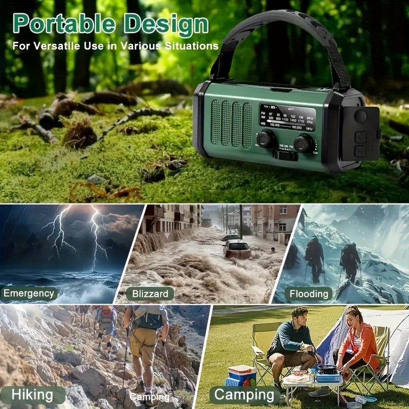 Emergency Radio with 10,000 mAh Power Bank | Solar, Crank & USB-C Charging | LED Light, SOS Alarm & Compass | AM/FM/NOAA Weather Alerts