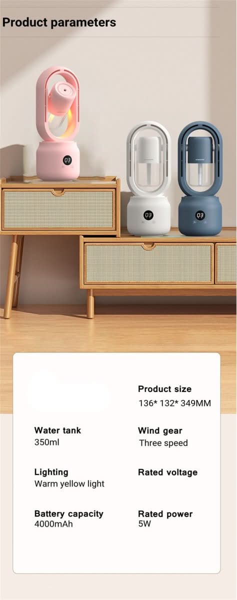 Compact Blade-Free Fan with Humidifier and Night Light for Ultimate Comfort