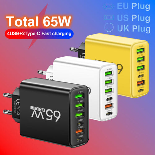 65W 6-in-1 Fast Charger – Simultaneously Charge Up to 6 Devices – Ideal for Home, Office, and Travel
