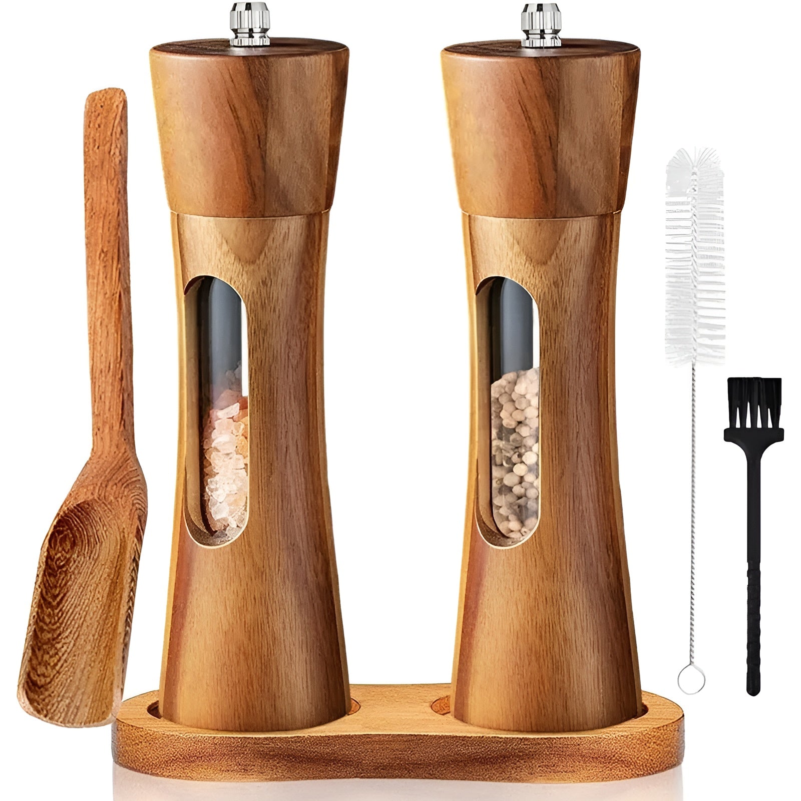 Pair of Wooden Salt and Pepper Grinders with Acrylic Viewing Window