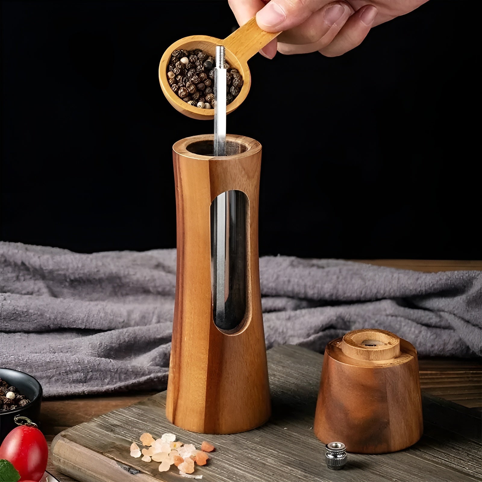 Pair of Wooden Salt and Pepper Grinders with Acrylic Viewing Window