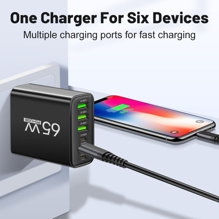 65W 6-in-1 Fast Charger – Simultaneously Charge Up to 6 Devices – Ideal for Home, Office, and Travel