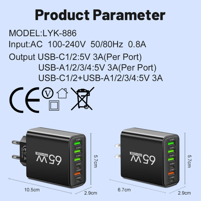 65W 6-in-1 Fast Charger – Simultaneously Charge Up to 6 Devices – Ideal for Home, Office, and Travel