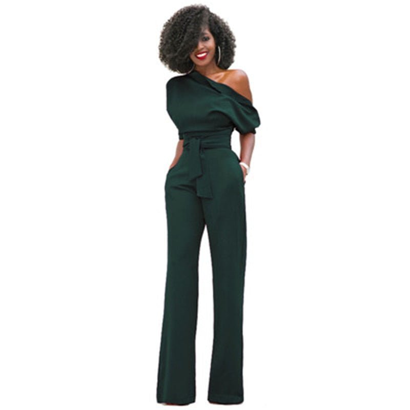 Women's One-Shoulder Wide Leg Jumpsuit | with Waist Belt